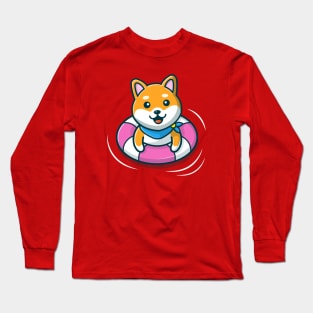 Cute Shiba Inu Dog Floating With Swimming Tires Long Sleeve T-Shirt